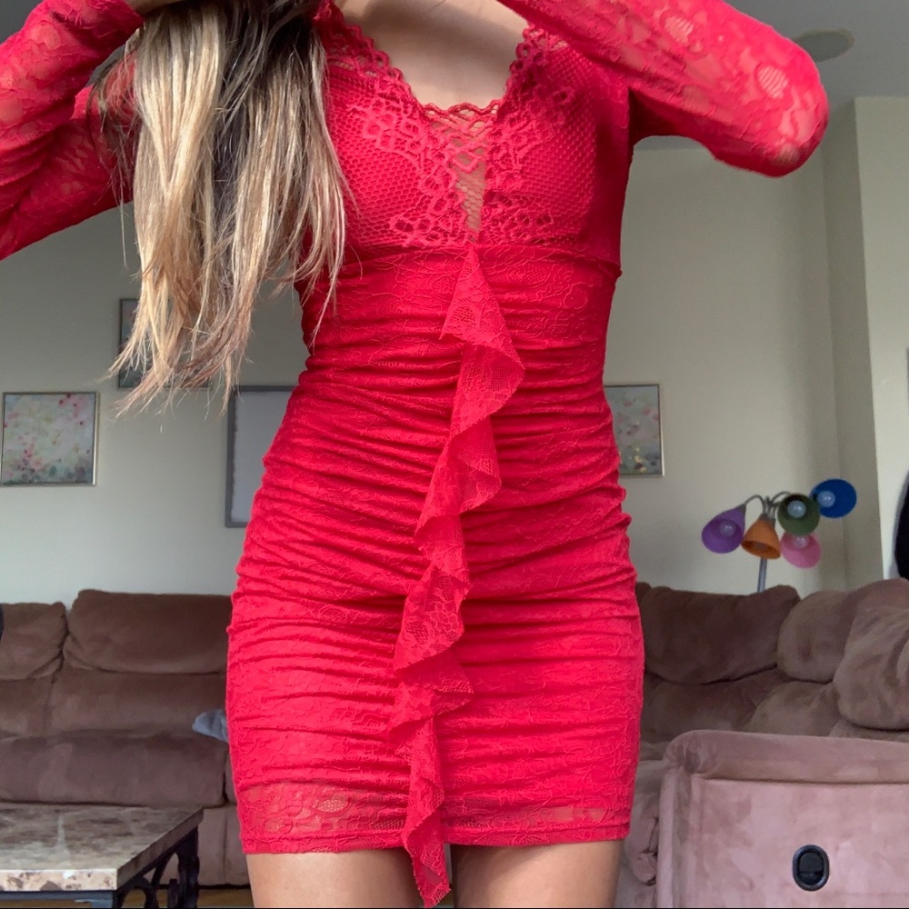 GUESS Red Lace Long-Sleeve Dress